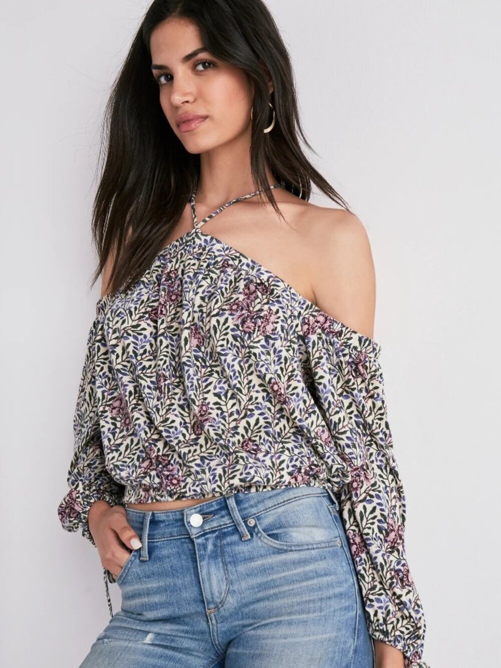 Lucky Brand Printed Cold Shoulder Halter Top Medium Cream Green Multi #A2669